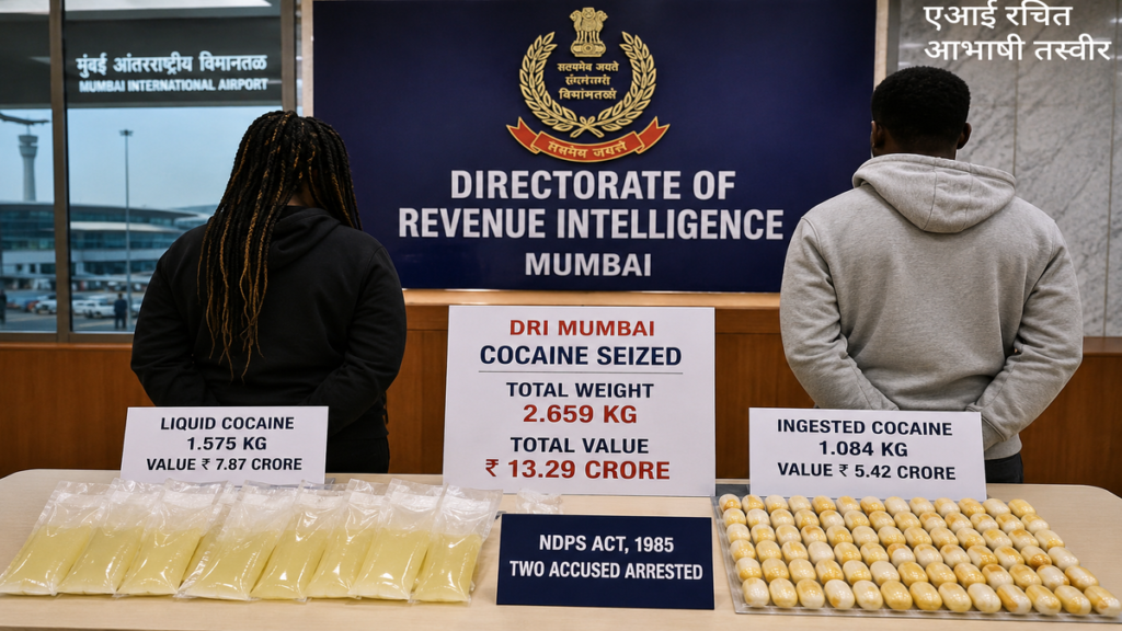 मुंबई एयरपोर्ट पर डीआरआई की बड़ी कार्रवाई : 13.29 करोड़ रुपये की कोकीन जब्त, दो विदेशी तस्कर गिरफ्तार